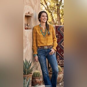 Faherty Harper Plaid Button Down Peasant Top Blouson Sleeves Ruffled Cuffs M